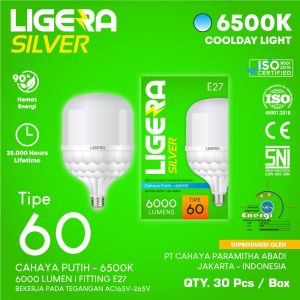 LIGERA SILVER 60W lampu LED Bulb cahaya putih 6500K super terang fiting E27