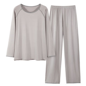 miiow | Mens Casual Sleepwear Long Sleeve Long Pants Thin Autumn Spring Home Clothes Set MiiOW Cat Person Round Neck Solid Color