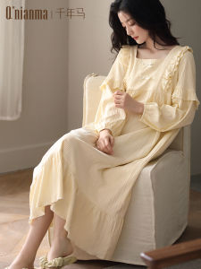 ชุดนอนผู้หญิงแขนยาวผ้าฝ้ายแท้ฤดูใบไม้ผลิและฤดูใบไม้ร่วง ชุดนอนผู้หญิง ชุดเดรสยาว ชุดอยู่บ้าน ชุดนอนผ้าฝ้ายแท้ ชุดนอนผู้หญิง