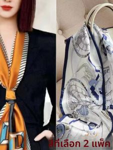 ผ้าพันคอไหมบางเฉียบสไตล์ใหม่ฤดูใบไม้ร่วง/ฤดูหนาวสำหรับผู้หญิง 2 ชิ้น ผ้าพันคอผูกโบว์แบบยาว ผ้าพันคอผ้าฝ้ายโพลีเอสเตอร์ ลายดอกไม้