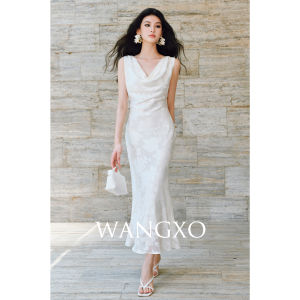 WANGXO | Đầm Drap Tails Cá Kéo Xéo Cắt Hoa Văn Phức Tạp