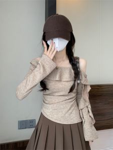 Irregular One Shoulder Short Sleeve Womens T-shirt Long Sleeve Pure Desire Miu Early Taste High End Feeling Autumn Wear