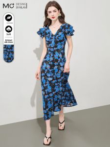 Mo | Elegant French Floral Silk V-neck Slimming Waist Flying Sleeve Summer Dress High Waist Gauzy Short Sleeve Zipper Back Women