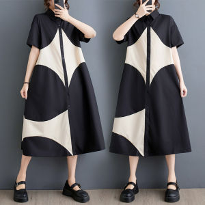 plus Size Summer Print Splice Casual Sweet Short Sleeve Dress Womens Loose Fit A-Line Gown Half High Collar Shoulder Button