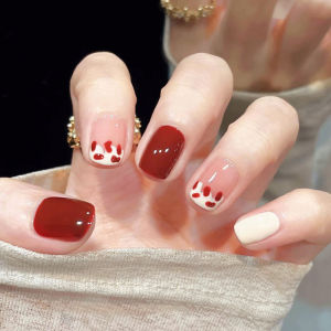 Short French Style Wearable Nail Tips Sweet Milk White Red Color Festive Atmosphere False Nails Stick on Nail Art 24 Pieces