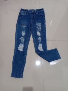 celana panjang wanita biru tua denim ripped jeans WORKS cewek S pensil cute
