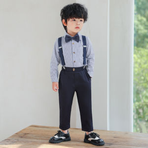 lontakids Toddler Kids Boys Blue Stripe Shirt with Bowtie + Suspender Pants Wedding Birthday Gentleman Clothes Set For 1-11 Years
