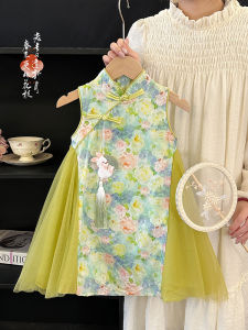 Girls Summer National Style Dress Buttoned Cheongsam Skirt Sleeveless Splice Tulle Skirt Short Sleeve Princess Dress