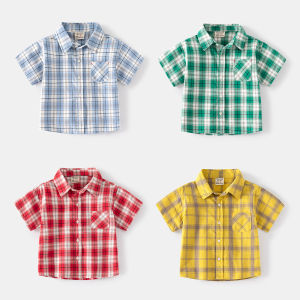 Summer Childrens Shirt Small Plaid Turn-down Collar Leisure Pockets