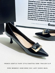 รองเท้าส้นสูงแบบสวมสำหรับใส่ไปทำงาน ทรงหัวแหลม ส้นบาง สายรัดโลหะ หนัง PU ระบายอากาศได้ดี ส้นสูง 5-8 ซม. รองเท้าส้นเดี่ยว