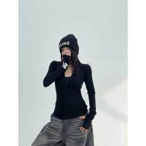 Slim Fit American Style Zipper V-Neck Long Sleeve T-Shirt Womens Casual Base Layer Black Streetwear Cotton Printed Top