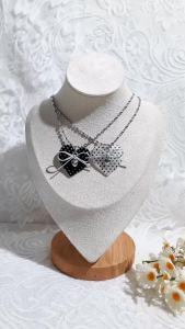 Bandai | Korean Black Polka Dot Heart Pendant Necklace for Women Fashion Silver Color Bowknot Long Beaded Sweater Chain Y2K Jewelry