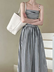 Mmao Black and White Stripes Bandeau Sling Dress Womens Summer New Arrival off-the-Shoulder Pleated Waist Tight A- line Sleeveless Dress