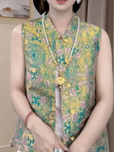 Short Sleeveless Vest Womens Style Spring Autumn U2025 New Ladies Polyester Fiber round Neck Button Detail Floral Print