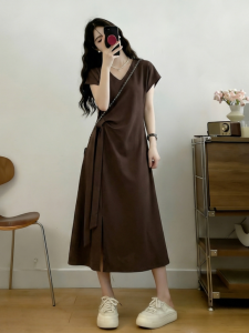 Belted Waist V-Neck Short Sleeve Large Size Slimming Dress
