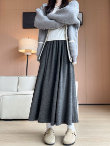 Gray Rice Noodle Skirt Womens Spring Autumn High Waist A-Line Mini Dress Thickened Polyester Fiber Korean Style Long Skirt