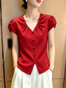 SHUAIYUE | Áo Sơ Mi Cổ V Tay Ngắn Thời Trang Nút Trung Quốc Form Rộng Giúp Gọn Gàng Màu Đỏ