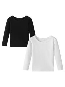 Thickened Fleece Lined Pure Cotton Long Sleeve Base Shirt for Boys And Girls Childrens Dance Clothes Warm Black And White T-Shirt