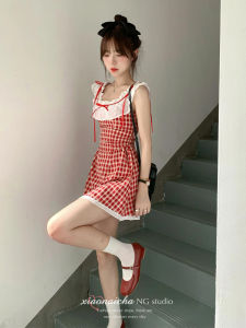 Retro Plaid Lace Dress Short Summer Dress for Women Tight Waist Slimming Style Sweet College Style with Short Sleeves