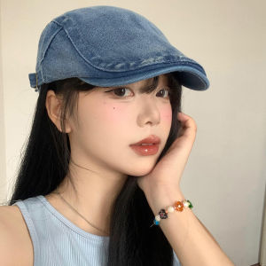 Retro Washed Denim Beret Hat Women Universal Large Head Circumference Face Slimming Cap Small Head Reverse Blue Hat