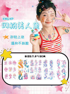 Princess Mermaid Flash Powder Childrens Temporary Waterproof Tattoo Stickers Cute Cartoon Princess Arm Decal for Girls