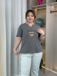 เสื้อยืดคอกลมแขนสั้นผ้าฝ้ายแท้สำหรับผู้หญิงในช่วงฤดูร้อน ทรงหลวม ไซส์ใหญ่ พิมพ์ลาย คอวี ชุดเสื้อตัวบนแบบสวมหัว ผ้าฝ้าย