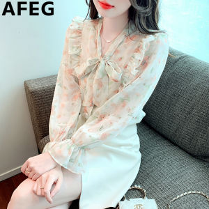 AFEG Korean V-neck bow ruffled fashion loose temperament floral chiffon flared sleeve blouse