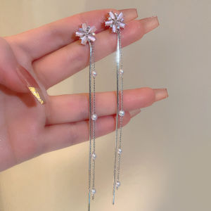 Elegant Long Pink Flower Tassel Earrings for Women unique Korean Style Alloy Silver Gold Plated Fashion Accessories