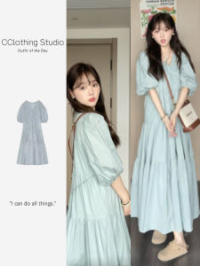 Loose Drooping Puff Sleeves V-neck Stylish Green Fresh Dress Elegant Socialite Slim Looking Tiered-Ruffle Long Dress