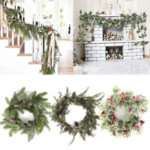 Artificial Christmas Garland Wreaths Pine Needles Berry Cone Rattan Home Party Decoration Hanging Ornament Fireplace Wall Decor