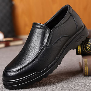 Leather Mens Business Casual Shoes Comfortable Soft Bottom British Style Fleece Lined Fashionable Monk Shoes Rubber Sole