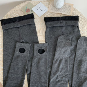 Gray Thickened Fleece Womens Leggings Footed Pants Winter Warm Slimming Effect Bare Leg Simulation Socks Elastic Waist Casual