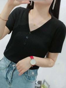 Slim Fit Ice Silk Knitted Shirt Womens Fashion Summer New Style V-Neck Button Short Sleeve T-Shirt Versatile Comfortable Polyester Fiber