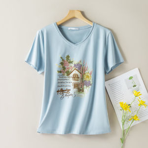 Light Blue Pure Cotton T-Shirt V-Neck Short Sleeve Embroidered Loose Fit Mid-Year Womens Fashionable Age-Defying Top