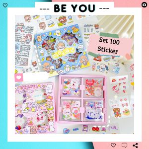 Hộp 100 Tấm Sticker Cute Cắt Sẵn Decor Sổ Vở Miếng Dán Trang Trí Tập Vở Bình Nước Họa Tiết Dễ Thương - BEYOU