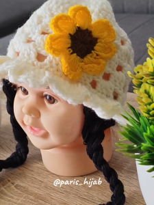 Topi Bayi Wig Kepang Panjang Rajut Handmade Sulam – Kupluk Rambut Palsu Bayi perempuan Lucu dengan Pita dan Bunga
