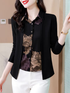 Design Sensation Knitted Illusion Two-Piece Shirt for Women Elegant Black Printed Top Mommy Belly Cover Fashionable Autumn Wear