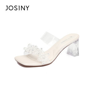 Josiny | Buckle Slip-On Sandals Crystal Chunky Heel