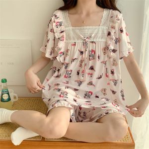 Ice Silk Sleepwear Women Summer Short Sleeve Thin Sweet Princess Style Loose Extra Large Size Home Clothes Outdoor Wear