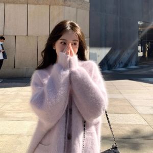 Womens Thickened Loose Knitted Sweater Coat Purple Taro Fur Autumn Winter New Style V-neck Commute Style A-line Outerwear