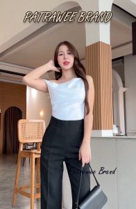 ใหม่ล่าสุด P42 กางเกงเอวสูงกระบอกกลาง กางเกงขากระบอกกลาง กระเป๋าข้าง ซิปข้าง ผ้าโซดา