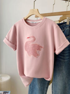 Heavyweight Thickened Short Sleeve round Neck T-Shirt Womens Autumn Winter Loose Fit Slimming Top Glitter Flocking Casual Style