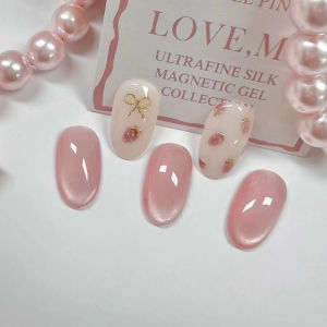 Short Fake Nails for Women Gilrs Light Pink Blue Cat Eyes Glossy Oval Square Nail Tips Strawberry Star Bow Press On False Nail