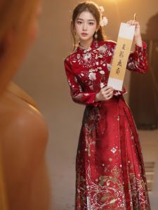 New Chinese Style Heavy Work Marriage Proposal Outfit Red Horse Tail Skirt Set Autumn Winter plus Size Womens Wedding Dress