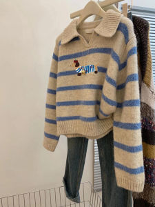 Soft Blue Striped Cartoon Dog Sweater Korean Style Fashionable Autumn New Arrival Womens Cashmere Long Sleeve Top