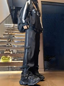 กางเกงขายาวทรงตรงป้องกันน้ำสำหรับผู้หญิง ซิป ทรงลำลอง ฤดูใบไม้ร่วง ปี 2024 กางเกงขายาวทรงลำลองสไตล์อเมริกันสำหรับผู้หญิง