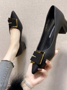 Elegant Pointed Toe High Heels for Women Chunky Heel Work Shoes Korean Style Fashion Single Shoes with Buckle Roman Style