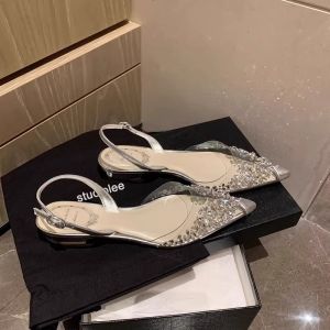 Summer 2024 Elegant Transparent Diamond Pointed Low Heel Sandals Women Fairy Style Flat Head Buckle Slippers Fashionable Shoes
