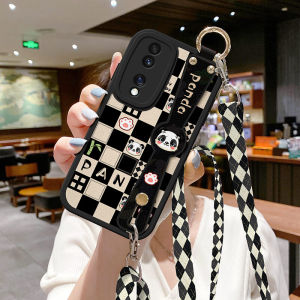 Honor 90 Phone Case with Strap Hanging Rope Silicone Protective Cover Grid Panda Design Compatible with Various Models