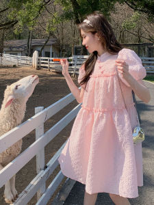 Summer New Chinese Style Sweet Cute Pink Bubble Sleeve Dress Womens Small Size First Love Doll Dress Button Placket A-Line Skirt